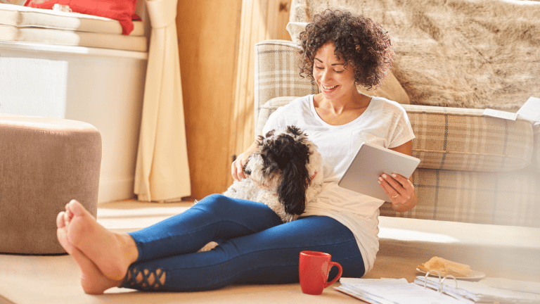Female with pet insurance plan documentation